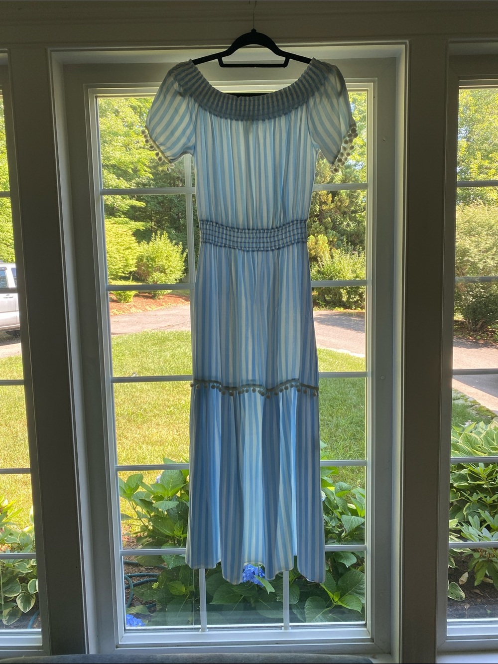 Milano Blue and White Striped Off-Shoulder Maxi Dress